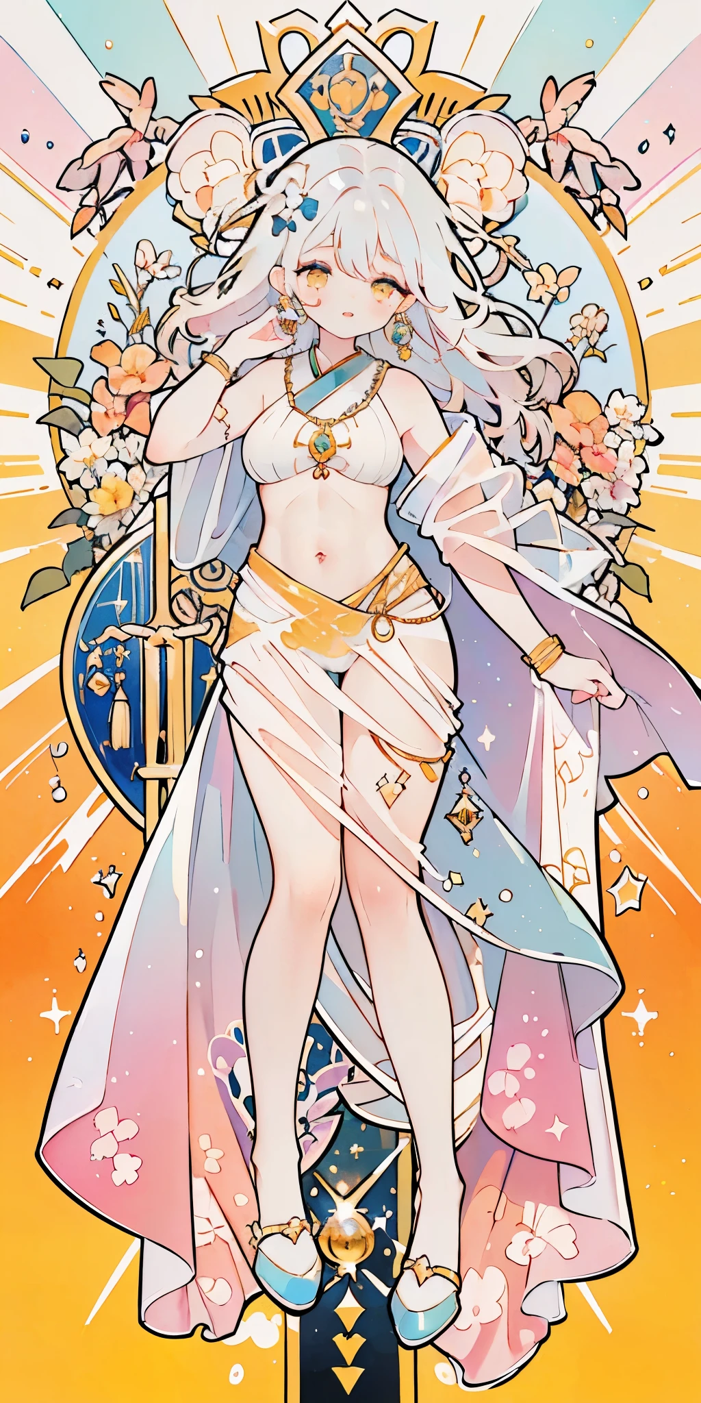 Themis,The Goddess of Criminal Law,August,Short hair,Keep your balance,Hold the sword,Flower frame,Decorative panels, Abstract art, Alphonse Mucha (tmasterpiece, beste-Qualit, hight resolution: 1.4), detailed, Complicated details, 4k, color splashing, line art, Fibonacci, starry, the night, exteriors, Clouds, Reflectors, water, magic, (Tarot cards),cards, ((Beautiful golden crystal star)) construction, Palaces, patterned, Sumeru, Clouds, luna