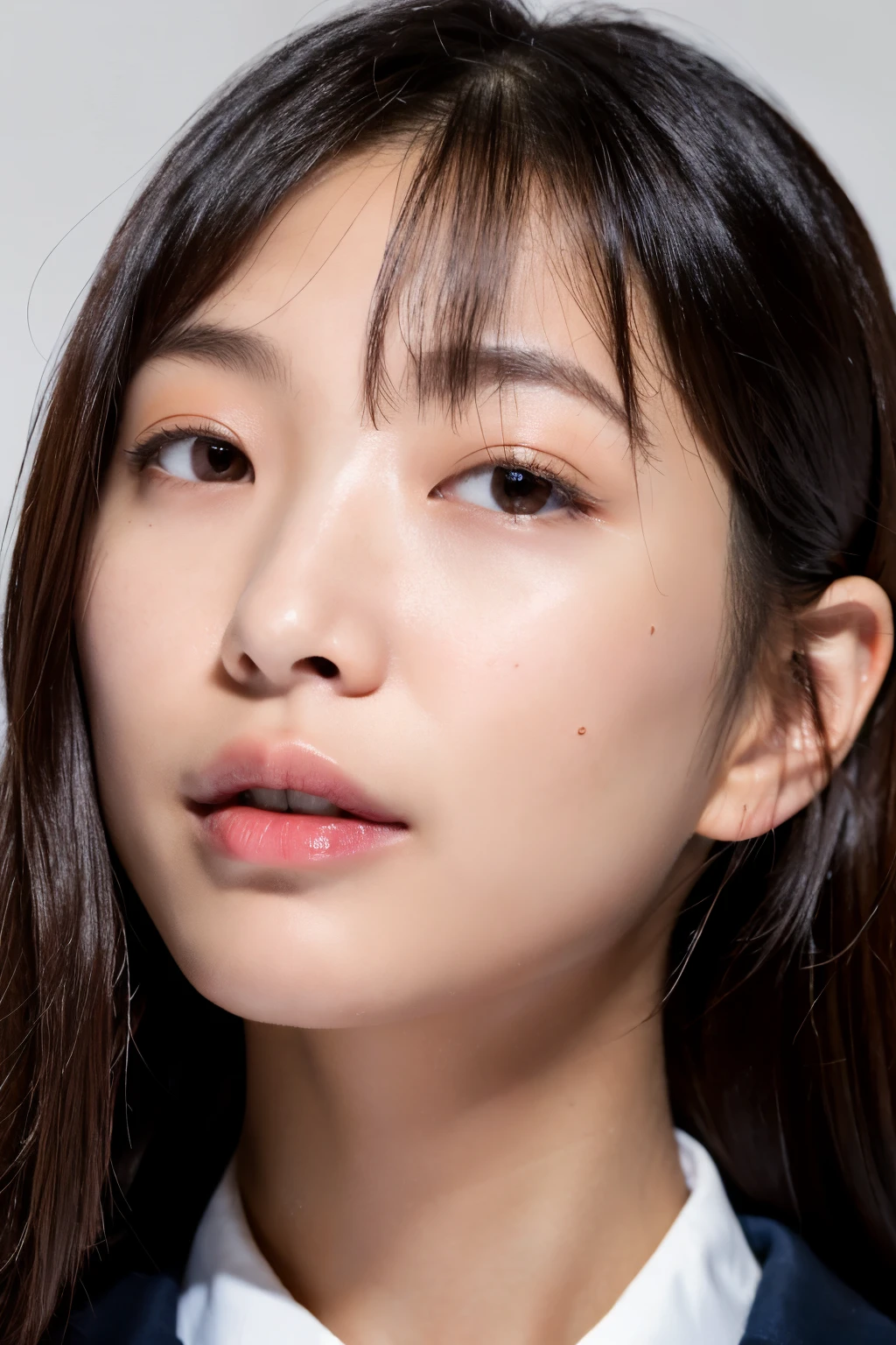 Ultra-realistic capture, Highly detailed, High resolution 16k close-up of human skin. Skin texture must be natural, With such detail that pores can be finely identified. Skin should look healthy, In a uniform tone. Use natural light and color. Japanese woman who is 23 years old, has three size as B92, W58 and H88. Medium hair with bang. Straight hair.