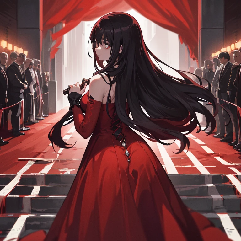 Woman from behind on a red carpet, her long, flowing red dress trailing behind her, Hiding a bloody knife discreetly in the fold of her arm, A sly expression playing on her features, Dimly lit by the flickering lights of the cameras, Blood dripping from the knife's edge, Red stains seeping into the fabric of her dress, A deadfract, determined look in her eyes, Red carpet event, Hidden threat.