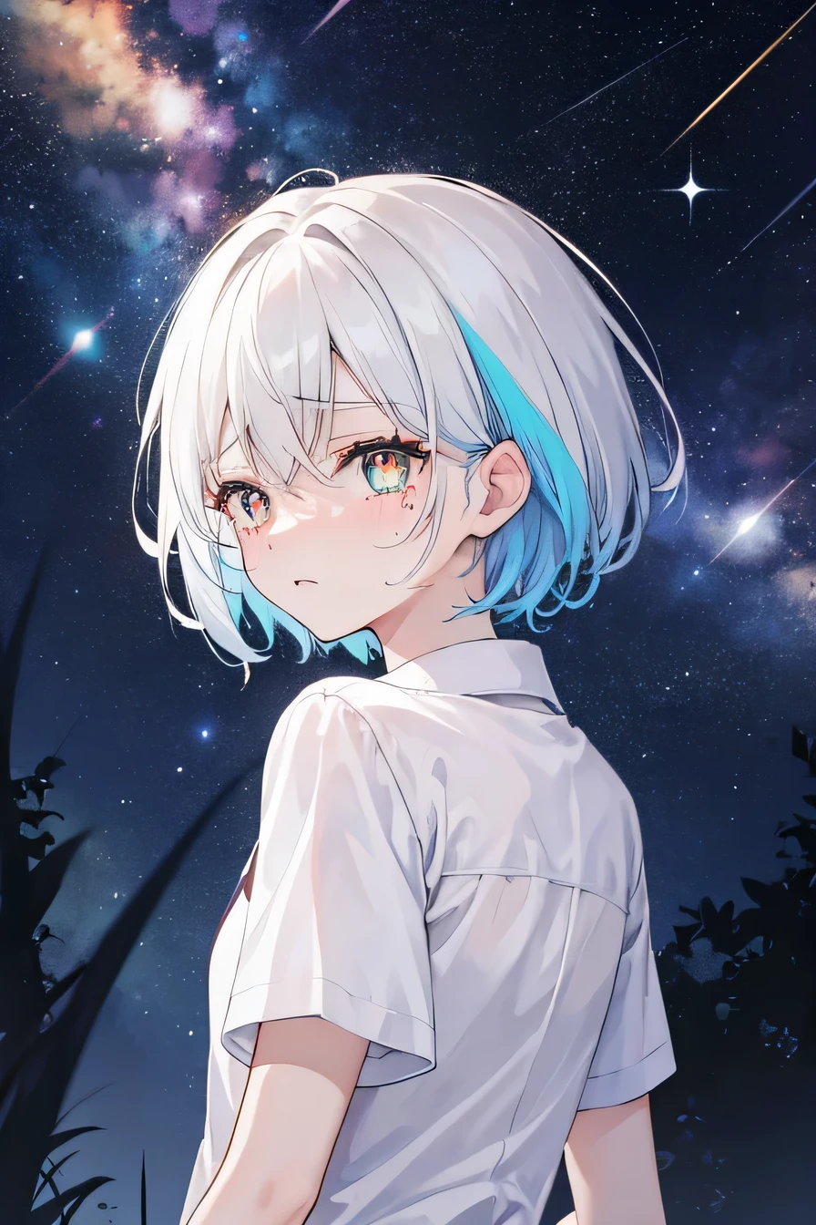 girl,white short hair,golden pupils,white shirt,cry,shed tears,Only the upper body is visible,Look back at me,Cool colors,under the stars