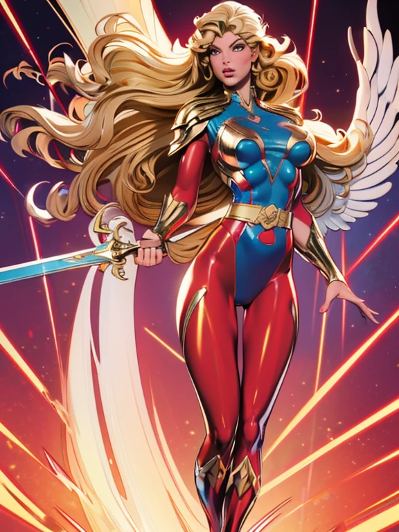 Best quality, 8K, action pose,woman vintage super hero, beautiful and detailed face, blonde curly long hair,big eyelashes,holding a gold sword,big angel wings,LOOKING TO observer,red and blue metalic armour over bodystocking, SHINY GLOSSY PANTYHOSE,black belt,over the knee boots,white neutral scenario