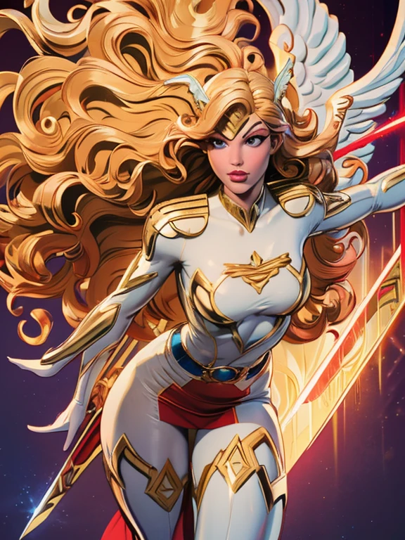 Best quality, 8K, action pose,woman vintage super hero, beautiful and detailed face, blonde curly long hair,big eyelashes,holding a gold sword,big angel wings,LOOKING TO observer,red and blue metalic armour over bodystocking, SHINY GLOSSY PANTYHOSE,black belt,over the knee boots,white neutral scenario