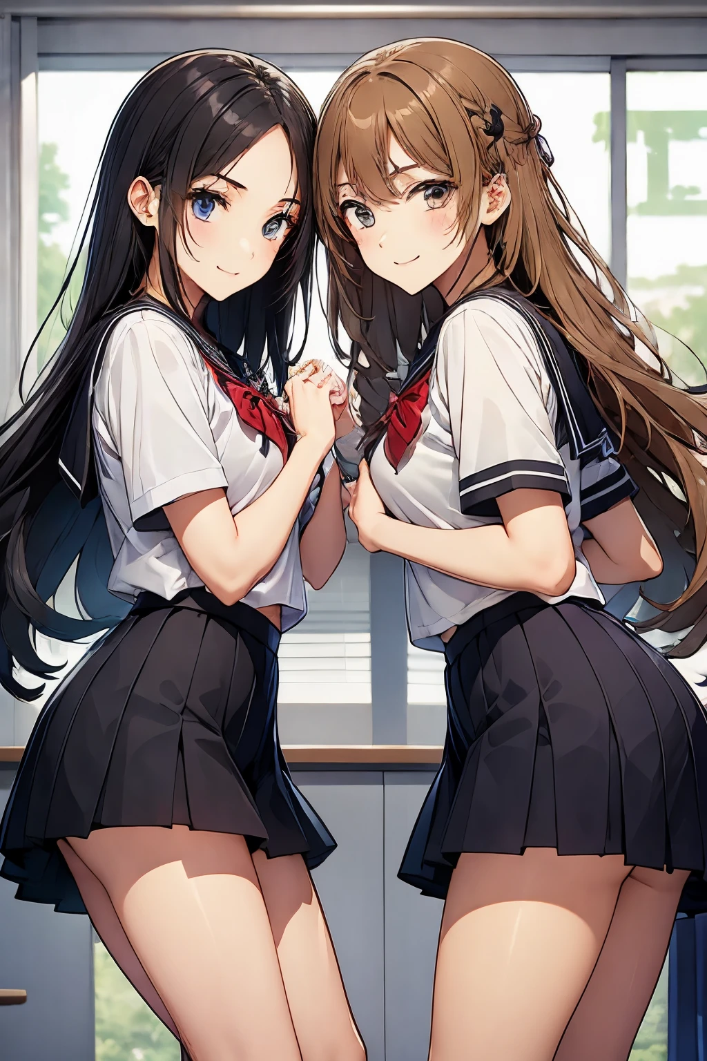 Two high school girls playing with each other、seductive smile、classroom