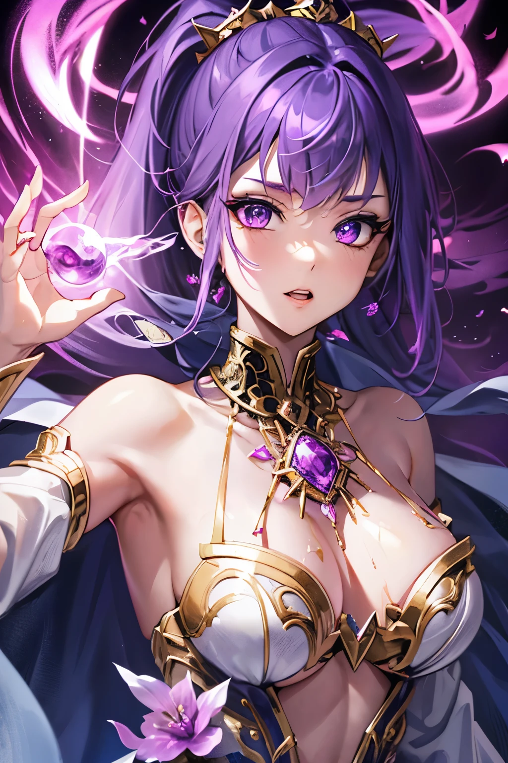 Vampire Queen Small Breast Combat Dress ( Radiant Royal Cloak: 1.1) Black and Purple Color Sexy Devil Aura Original Character Masterpiece Tempting Purple Eyes (Multicolor High Ponytail 1:1.2) Purple Gemstone Accessories Gold Belt, Gold Necklace, Wind Evil Effect, Soft Moonlight , extremely delicate beautiful eyes, unique crown, (Corruption Tattoo 1;1.25), naughty face, 16k, gorgeous, bare shoulders, cute, petite, solo , stars, stardust, (iridescent hair, colorful hair, half purple and half pink hair: 1.2), (left eye purple and right eye golden), wet body detailed, creative, charming, killing scenario, floating effect, magical, mythic, seducing, attractive, idol, league of legend design