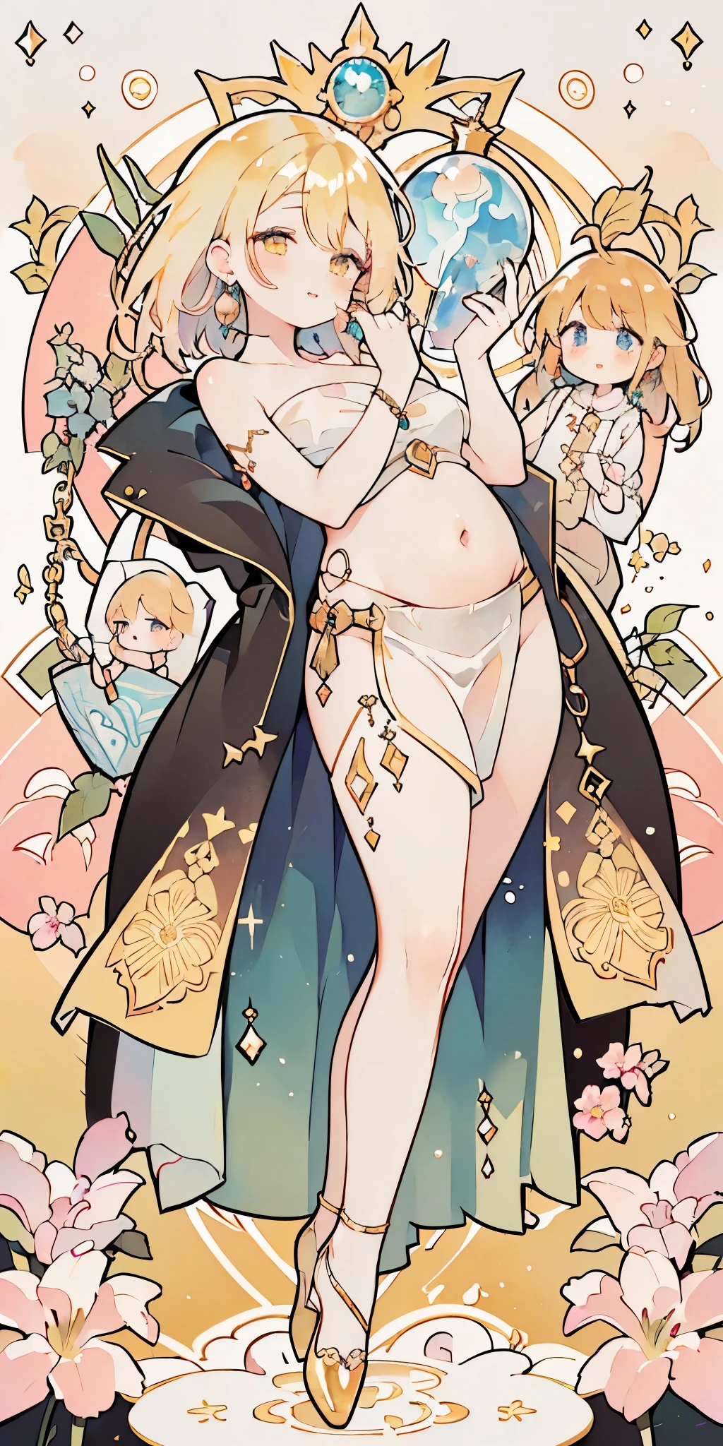 (((golden hair))), Mr.々hairstyle, warrior, absurdres, highres, ultra detailed, beautiful, masterpiece, best quality, (1girl:1.8), Medieval, ((tarot)), bard, dancer, bare bare shoulders, cane, sword, shield, crystal, Gather Dresses, coat four, ((Lightweight clothes, Backless cloths, hair chain, earrings, sunscreen, pumps, heel shoes, waist jewelry, belly chain, body accessories)), symbolism, Visual art, occult, universal, vision casting, philosophy, iconography, numerology, Popularity, art, Alphonse Mucha, perfect hands, perfect feet, (fullbody), myth, goddess, fold your hands in front of your chest, ((ultra-detailed face), (cute eyes), ((skinny)), Hair color gradient, accurate focus, (upturned eyes :1.5), long hair, yellow eyes, Beautiful Girls in Anime , ((purse your lips, Throw kiss, flirty smile)), (shiny body:1.8)、big breasts、full of embarrassment、(Ahegao:1.5), ((slim belly))