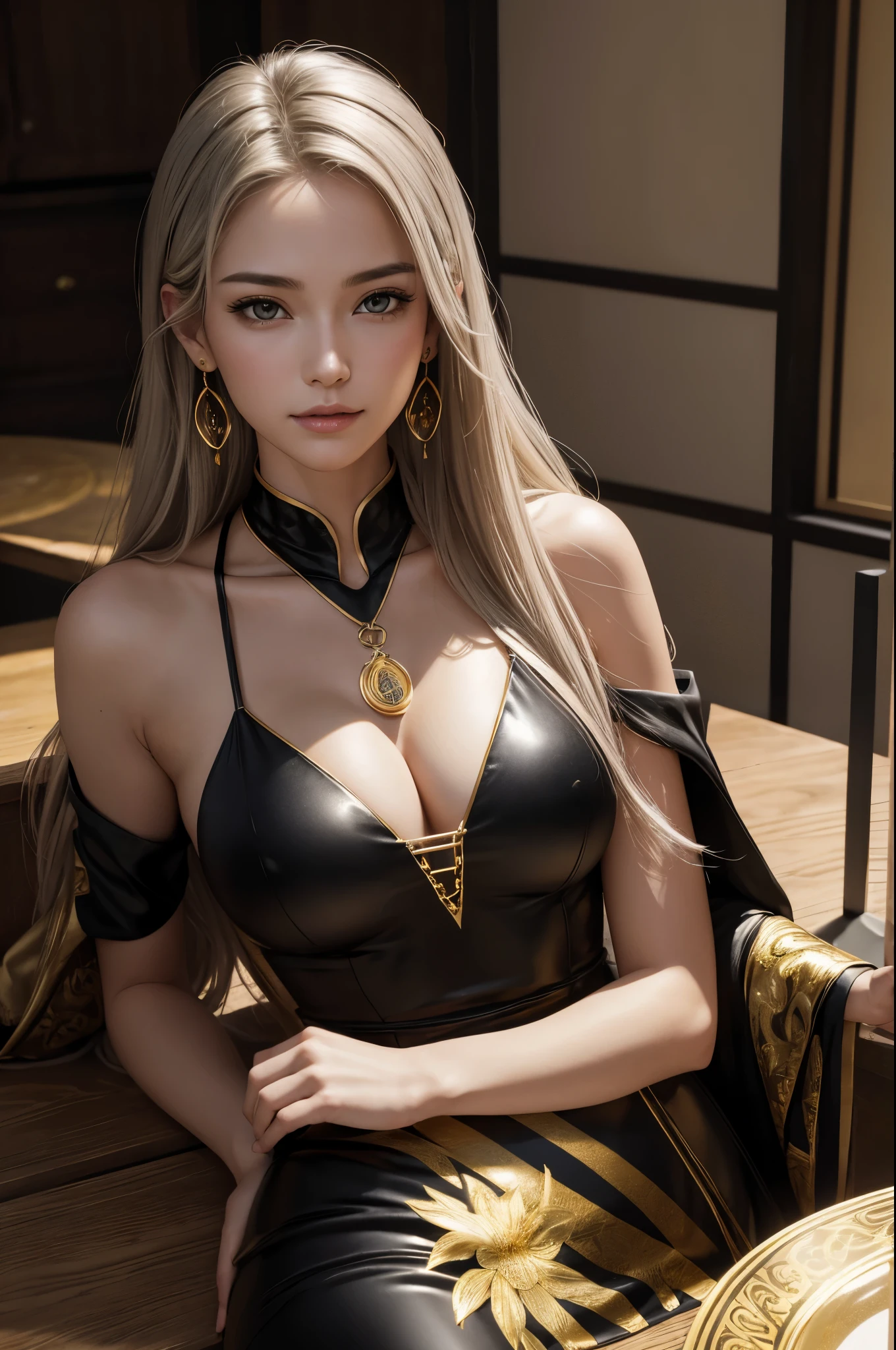 (8K,Photoreal Raw photo highest quality;1.4) 1woman) beautiful silver-haired goddess (lifelike face) (table top, highest quality, Photorealです, higher resolution, :1.3), Close-upショット, sharp focus, 1 カールした銀髪のwoman, ヨーロッパ系woman, hot models, abdomen, Highly detailed eyes and golden pupils, realistic skin, slim body shape, perfect body, Big breasts have cleavage, very fine hair, delicate and sexy face, Sensory Gas, glossy lips, ((She is wearing a beautiful black and gold dress and black and gold pants,wear a pendant)), outdoor, ((realistic, 超realistic, realism, realistic詳細)) beautiful expression Charm (real looking skin) ultra high resolution 超realistic advanced details grassland, Flowers and beautiful mountains in the distance々々々 purple earrings Split Abemar Paladin woman,超realisticな肌,smile,Close-up,