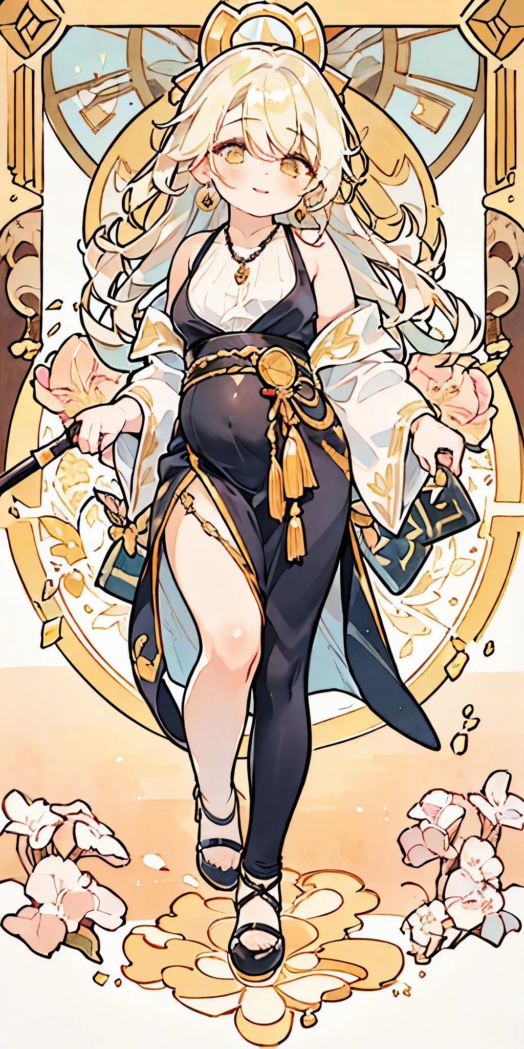 (((golden hair))), Mr.々hairstyle, warrior, absurdres, highres, ultra detailed, beautiful, masterpiece, best quality, (1girl:1.8), Medieval, ((tarot)), bard, dancer, bare bare shoulders, cane, sword, shield, crystal, Gather Dresses, coat four, ((Lightweight clothes, Backless cloths, hair chain, earrings, sunscreen, pumps, heel shoes, waist jewelry, belly chain, body accessories)), symbolism, Visual art, occult, universal, vision casting, philosophy, iconography, numerology, Popularity, art, Alphonse Mucha, perfect hands, perfect feet, (fullbody), myth, goddess, fold your hands in front of your chest, ((ultra-detailed face), (cute eyes), ((skinny)), Hair color gradient, accurate focus, (upturned eyes :1.5), long hair, yellow eyes, Beautiful Girls in Anime , ((purse your lips, Throw kiss, flirty smile)), (shiny body:1.8)、big breasts、full of embarrassment、(Ahegao:1.5)