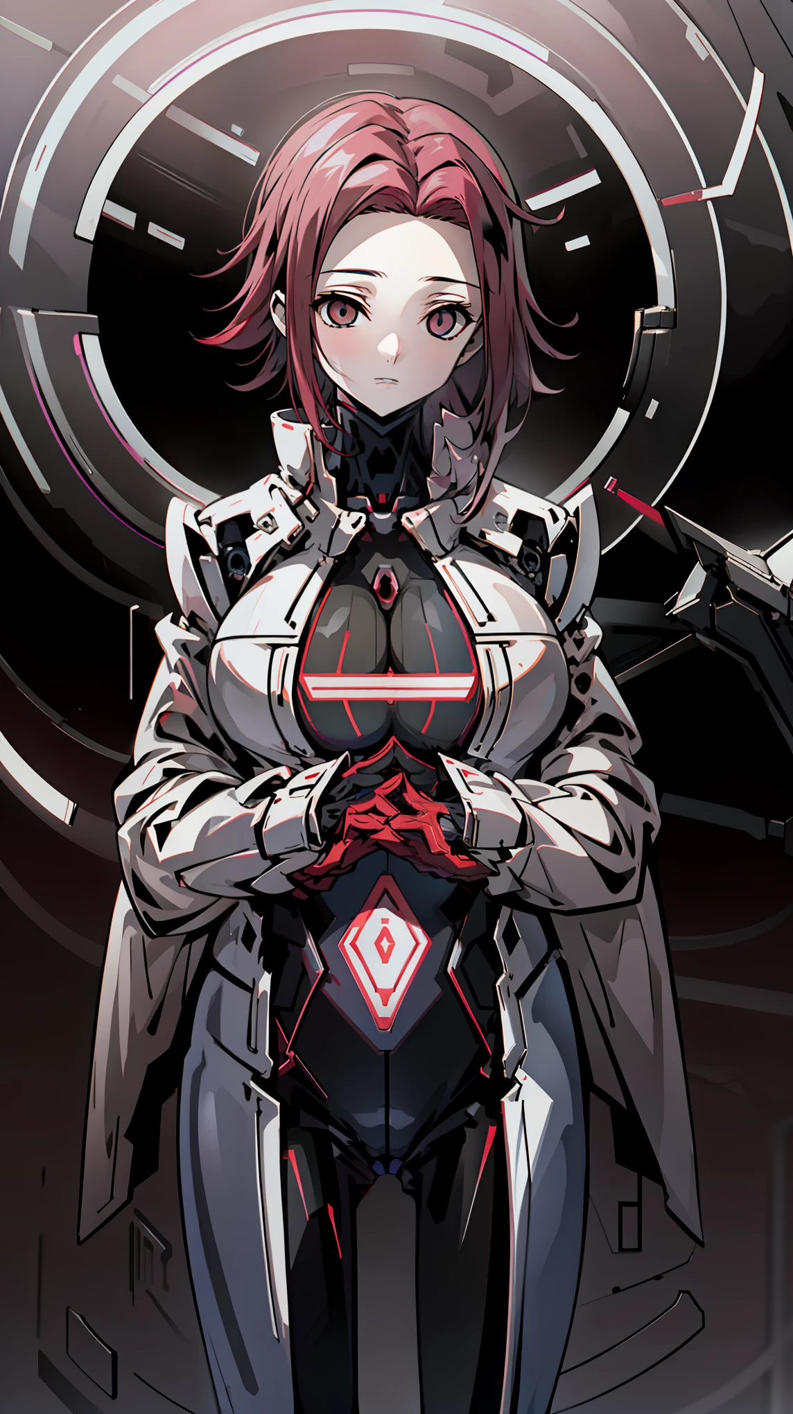 1 girl,NSFW,futubot, KallenStadfeld, pink hair, spiky hair, hair intakes, red headband, cleavege, (red bodysuit:1.2), bodysuit sleeves, bodysuit legs, bodysuit Shoes, red gloves, (gray sleeves, sides of the gray hip),((huge breasts 1.5)), clavicle, Glowing crimson eyes,absurd, brainwashing,empty eyes, Mind control device, ((No expression,erasure of emotions)), (black latex tight bodysuit), avert your eyes , full body figure,((stand up)), (highest quality、4k、8K、High resolution、must have:1.2)、Super detailed、(reality、It&#39;s realistic、realistic:1.37)、ticker、hyper hd、studio lighting、ultra definition paint、sharp focus、Physically based rendering、extreme details、Professional specifications、vibrancy and color、blurry、sports portrait、landscape、horror style、anime big breasts、SF、photograph、concept artist、five fingers, perfect body,  {{{masterpiece}}}, {{{highest quality}}}, {{Super detailed}}, {shape}, {{very delicate and beautiful}},Improved cost performance、all roles、Canon 5D MK4でphotograph、photograph,  