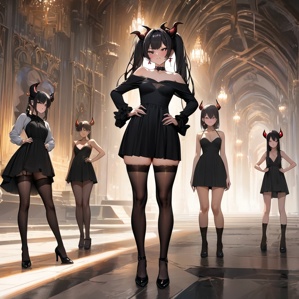 Masterpiece, Improved quality, High quality, Good anatomy, Well-formed hands, Healthy body, Intact fingers, Normal digits, Girls, 16k quality, perfect body, twintail hair, black hair, shoulder length hair, off shoulder black dress, stockings, shoes, demon girl, horns, demon ear, earring, elegant, small breasts, both hands on hips, angry face but jealous and annoyed, beautiful, full body on images, in the main hall castle