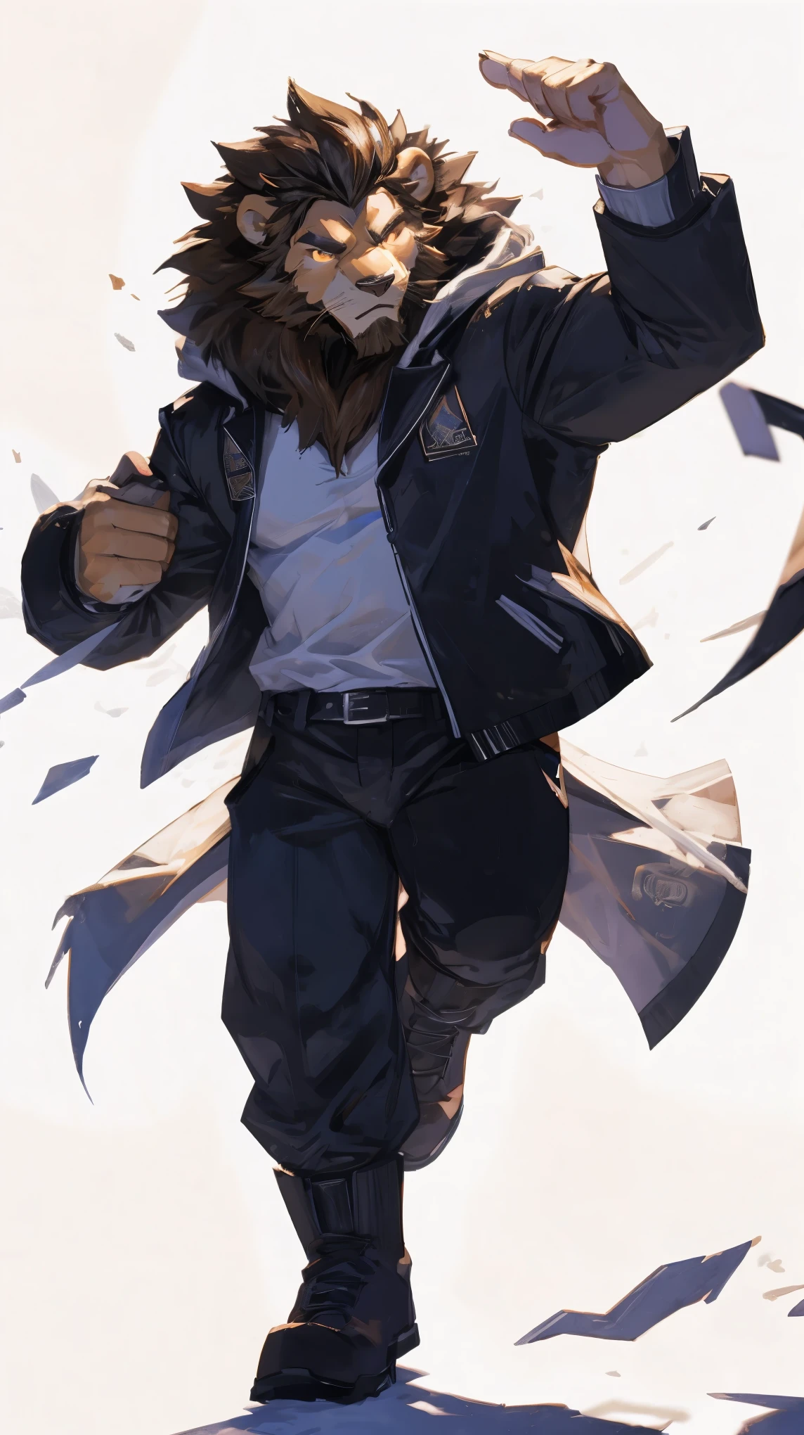 (masterpiece:1.2), best quality,pixiv,official art,perfect anatomy, (Ray tracing, light),solo, (1_male:1.3) , (muscle), (dynamic poses:1.3), (ultra deTailed), sharp focus, Negi, eyes, (glowing golden eyes), short hair, short fur, (brown fur:1.4),(muscle lion), (beard:1.2),lion Tail, Thick eyebrows, Bomber Jacket, cargo pants, boots, ultra deTailed face, high deTails, high quality, (best quality,4K,8K,high resolution,masterpiece:1.2),bright colors, jumping, reach hand, (white background:1.3), (light flow:1.3)