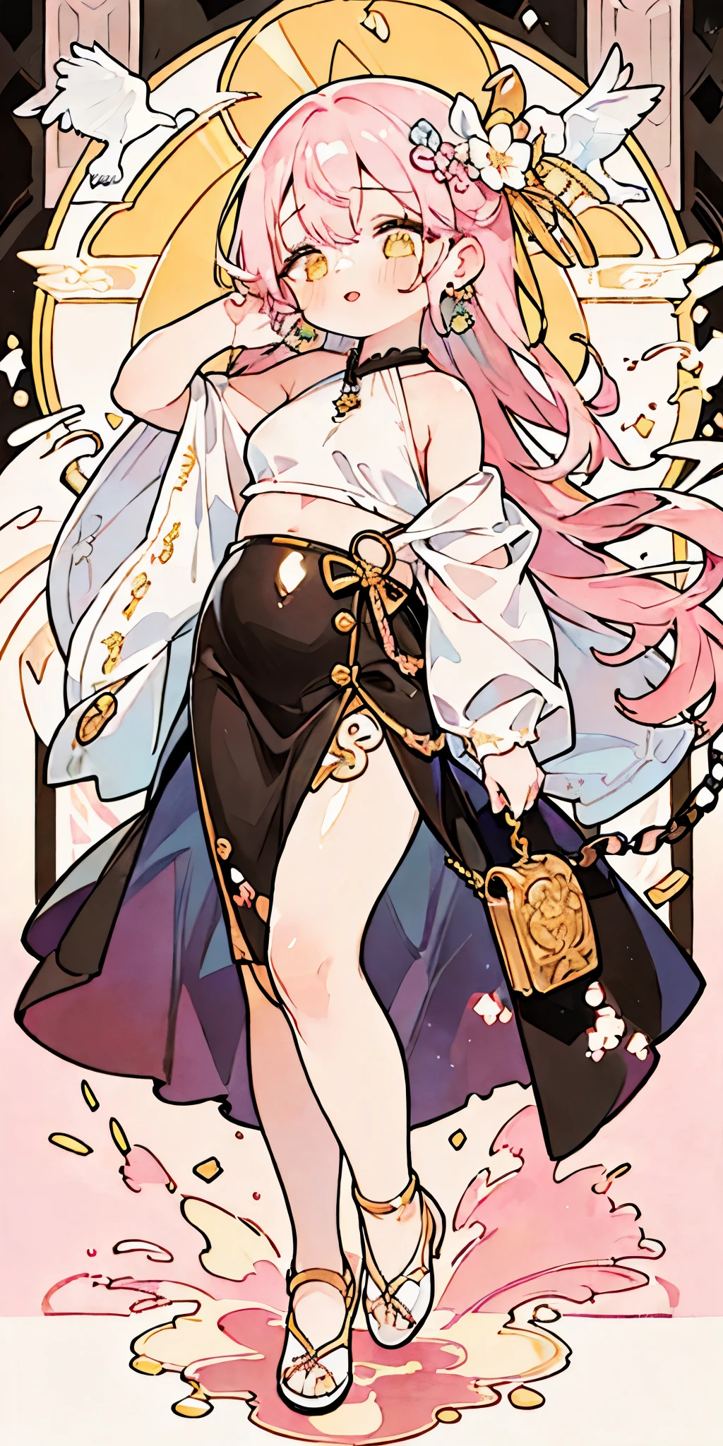 (((pink hair))), Mr.々hairstyle, Magical girl, absurdres, highres, ultra detailed, beautiful, masterpiece, best quality, (1girl:1.8), Medieval, ((tarot)), bard, dancer, bare bare shoulders, cane, sword, shield, crystal, Gather Dresses, coat four, ((Lightweight clothes, Backless cloths, hair chain, earrings, sunscreen, pumps, heel shoes, waist jewelry, belly chain, body accessories)), symbolism, Visual art, occult, universal, vision casting, philosophy, iconography, numerology, Popularity, art, Alphonse Mucha, perfect hands, perfect feet, (fullbody), myth, goddess, fold your hands in front of your chest, ((ultra-detailed face), (cute eyes), ((skinny)), Hair color gradient, accurate focus, (upturned eyes :1.5), long hair, yellow eyes, Beautiful Girls in Anime , ((purse your lips, Throw kiss, flirty smile)), (shiny body:1.8)、big breasts、full of embarrassment、(Ahegao:1.5)