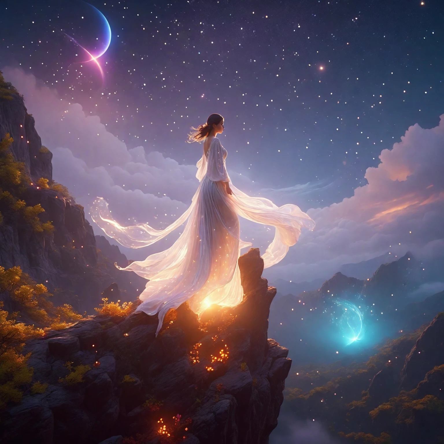 1 girl, (3D sculpture,A woman in a long dress stands on a cliff looking at the stars, space goddess, galaxy goddess, goddess in heaven, Astral ethereal, Dreamy, Beautiful celestial mage, beautiful fantasy painting, beautiful fantasy art, Ethereal fantasy, very beautiful fantasy art, digital art fantasy, Charming and otherworldly, fantasy beauty, Beautiful Art Ultra HD 4K Presented by Octane,Volumetric light,natural soft light,), (Super exquisite:1.2, Loss of focus:1.2, Very colorful, Cinema lighting, chiaroscuro,Ray tracing), masterpiece, super rich,super detailed,8K, 3ddianshang\(style\)