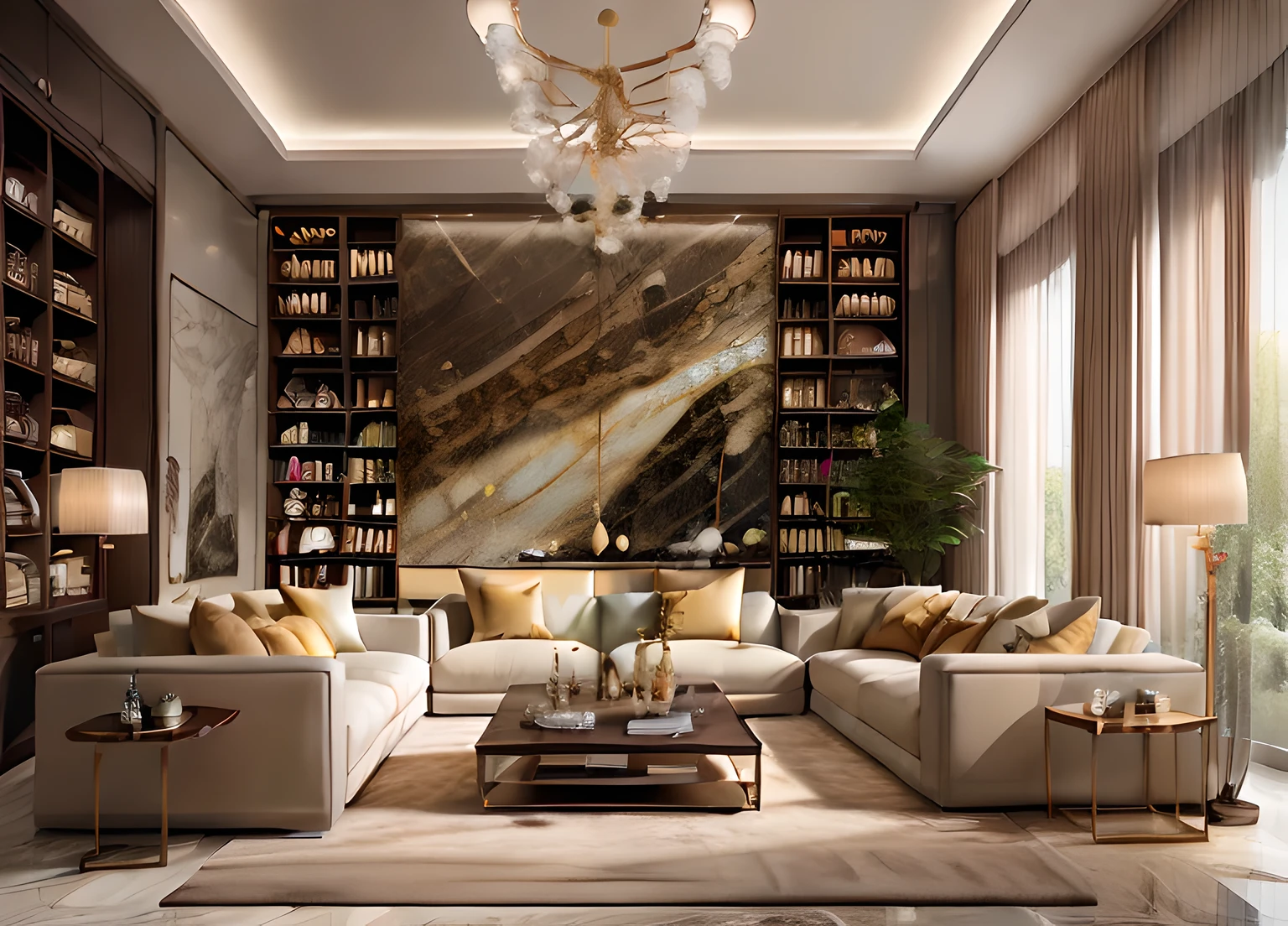 Surreal, masterpiece, best quality, super detailed, ultra high resolution, original photo, 8K,
modern living room, (fabric sofa), (Fabric pillows), Stone opaque resin panel, brown and white, luxurious, Charming lighting style, light gold and light black, Fusion of tradition and modernity, Soft and atmospheric lighting, Angular lines, (window),  fabric window blinds, blue sky,
 masterpiece,Surreal,32k,extremely detailed CG unity 8K wallpaper, best quality