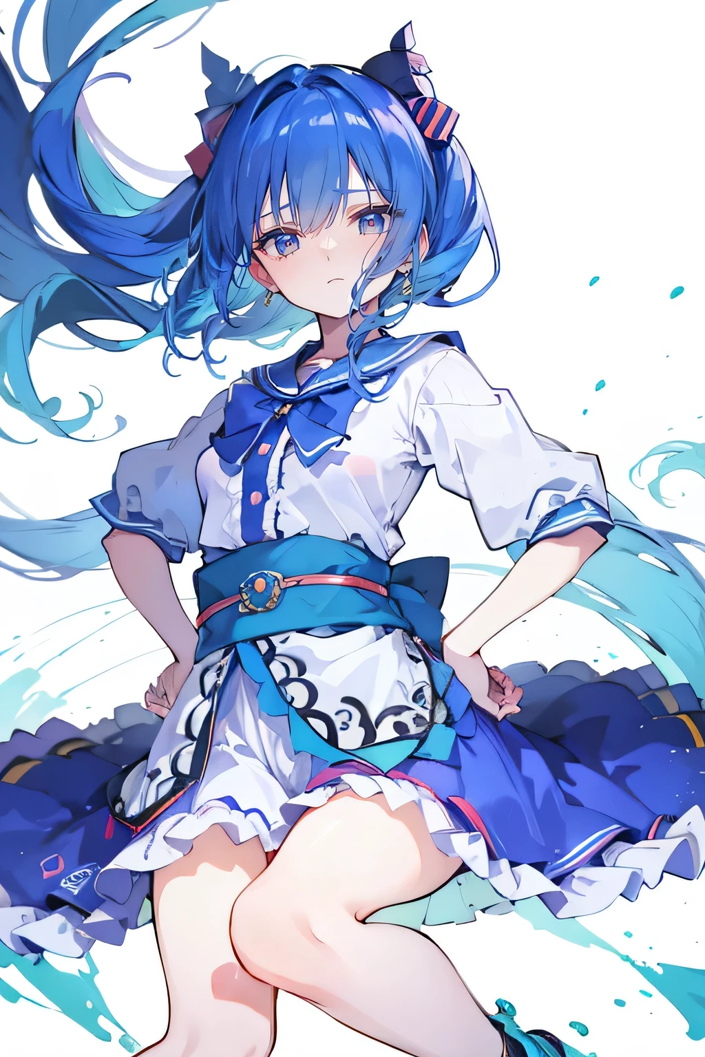 (masterpiece),best quality, expressive eyes, perfect face, 1girl,
 Put your hands on your waist,fair, Gorgeous,Japanese cartoons,girl,lola,Hina Angel, blue hair, blue haired, floating clothes,Grab your waist, Grab your waist, hands on hips , hands on hips,sit, sit on ground, Legs on the ground, flat chest