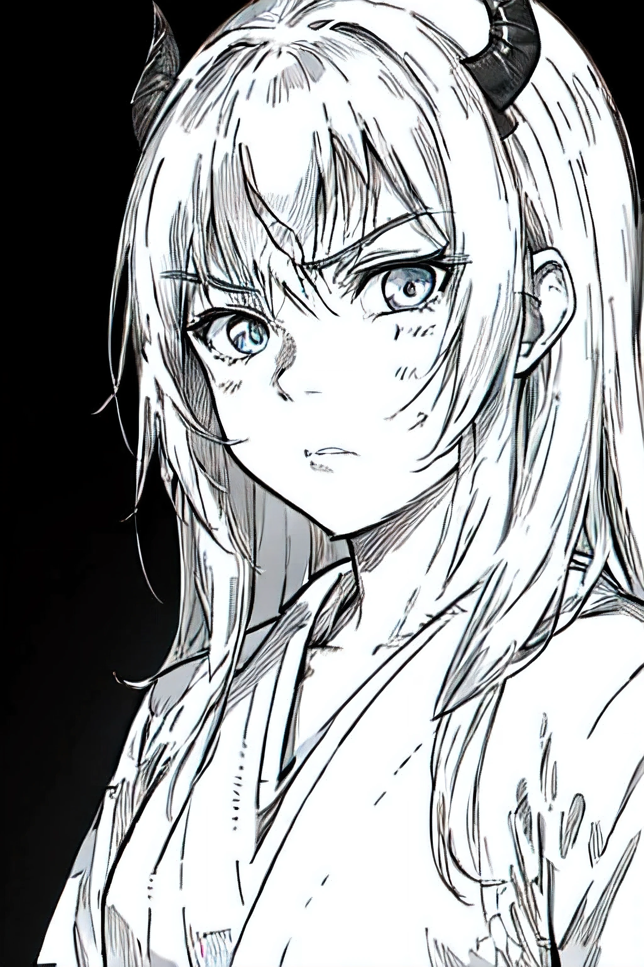 Black paper, black background, manga, lineart, only black and white, samurai, demon slayer, agressive face, beautiful eyes, big anime eyes, no collors, cutting with katana, angry face.