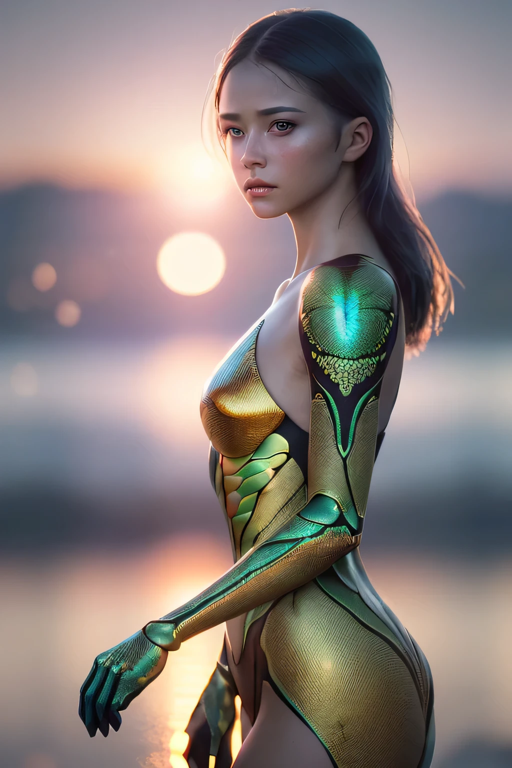 (masterpiece), (very complicated:1.3), (realistic), girl portrait, the most beautiful in the world, (dragonfly-like wings), scale powder reflection, outdoor, intense sunlight, distant shore, Stunning female professional photo details, sharp focus, dramatic, Award history, cinematic lighting, Octane Rendering Unreal Engine, volumetrics dtx, (film grain, blurred background, blurred foreground, Bokeh, Depth of the bounds written, sunset, motion blur:1.3), thin clothing