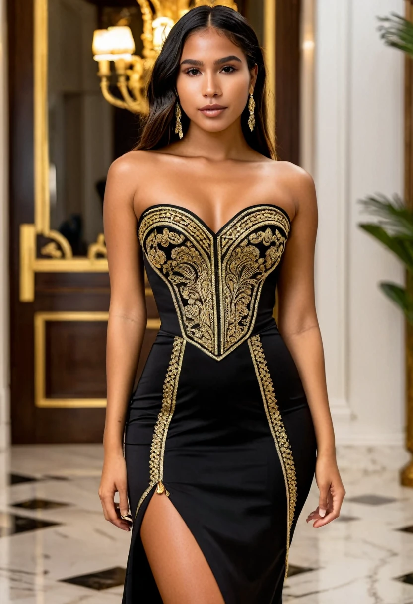 (high quality:1.5), (((8k))), extremely detailed, (High detail:1.2), Solo, (HotLexi Woman)), 24 year old Indigenous Brazilian female, ((perfect anatomy)), (in mansion), (black luxury dress strapless with gold details),