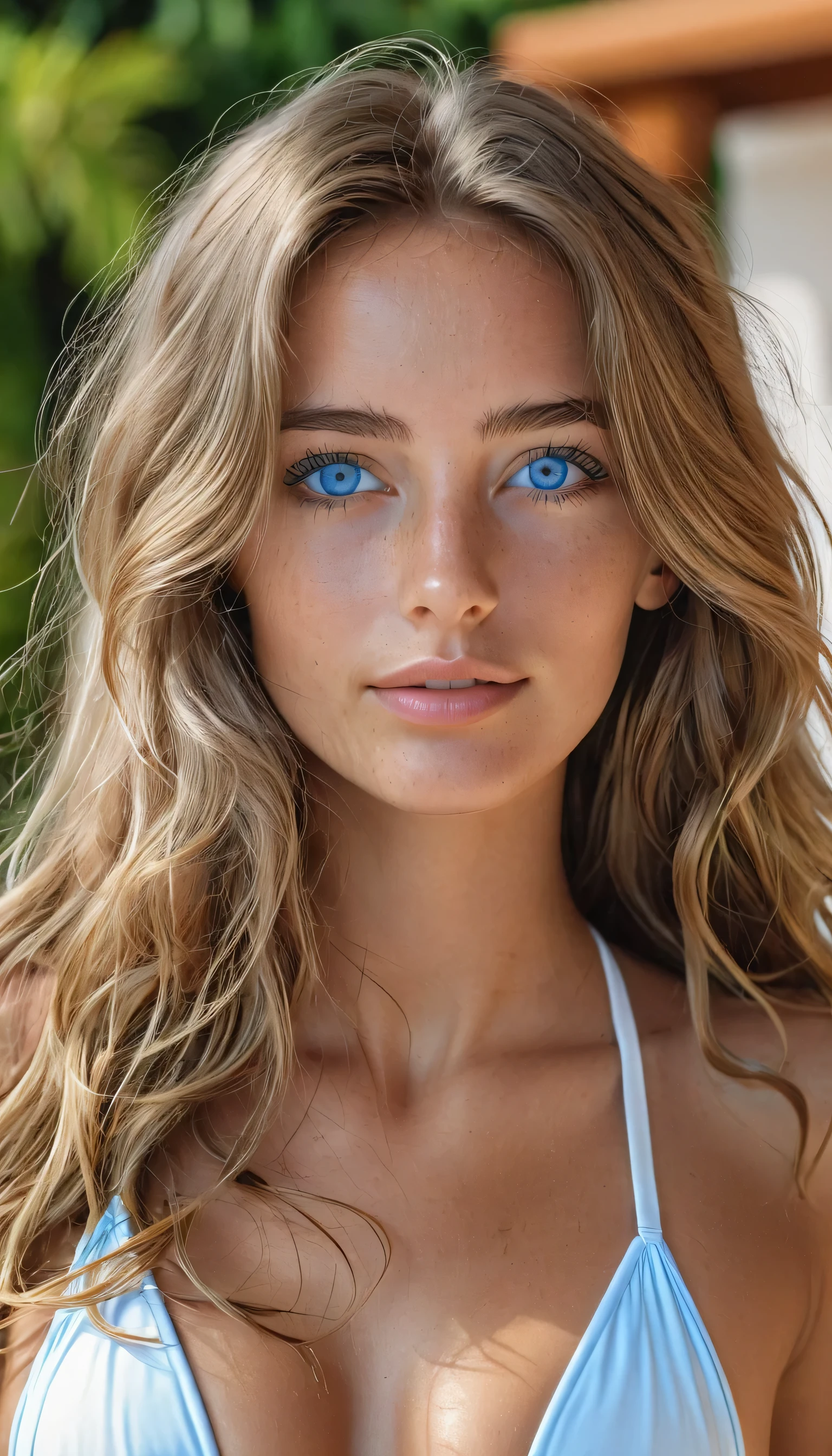 beautiful girl, 25 years old, Spanish, long light brown hair slightly wavy, Detailed light blue eyes , without make-up, 175 cm tall, skinny body with big breasts, sensual, (very tanned skin:1.2), very realistic, 8k, Instagram, at pool party, white bikini