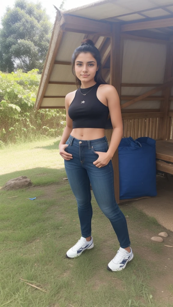 hay una mujer parada en la hierba con las manos en las caderas, 2 4 year old female model, she is approximately 1 , foto de cuerpo completo, she is about 20 years old, she is about 2 0 years old, she is about 2 5 years old 22 years, 1 8 son, 2 0