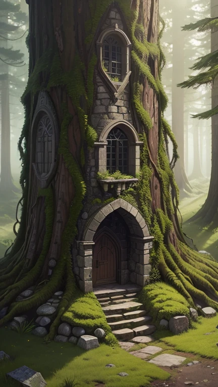 A medieval tower made of mossy stones stands on the edge of the forest, surrounded by spreading oaks and spruce trees.; high quality textures, ultra-realistic environment, many small details, Intricate details, daylight, early morning, Slanting sun rays through foliage