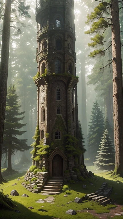 A medieval tower made of mossy stones stands on the edge of the forest, surrounded by spreading oaks and spruce trees.; high quality textures, ultra-realistic environment, many small details, Intricate details, daylight, early morning, Slanting sun rays through foliage 