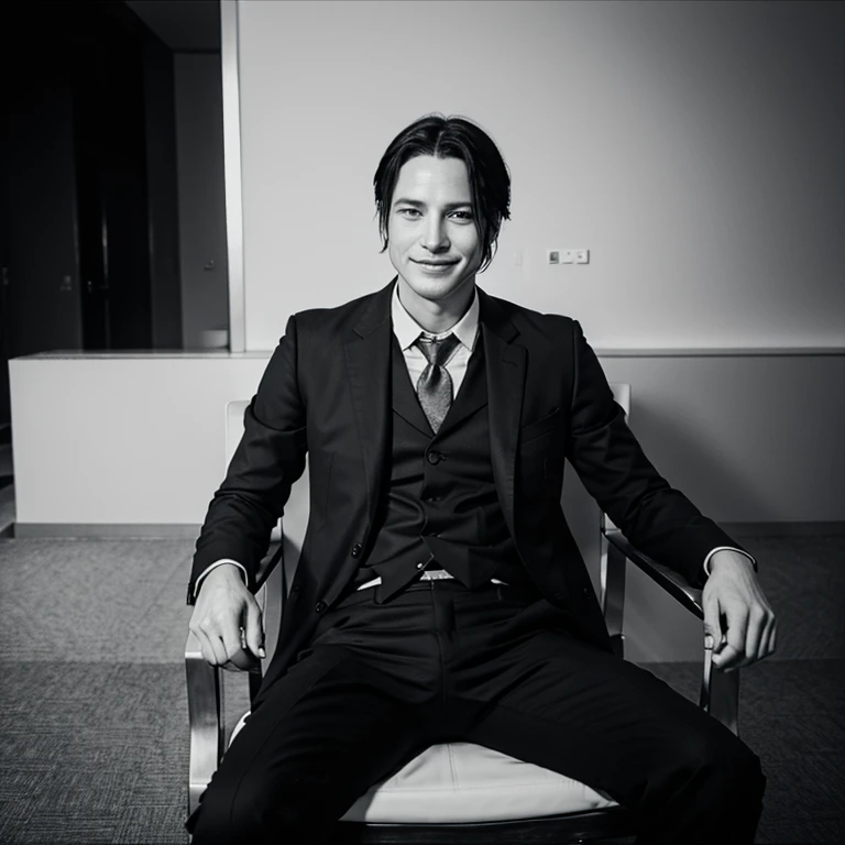 Levi Ackerman in a suit, smiling at the camera, sitting on a chair, holding a cigarette 