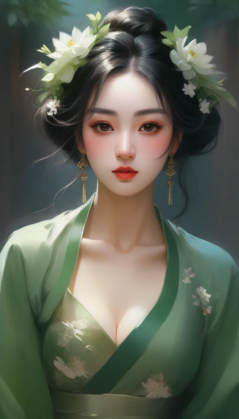 a close up of a woman in a green dress with flowers in her hair, beautiful character painting, palace ， a girl in hanfu, guweiz, trending on cgstation, artwork in the style of guweiz, a beautiful fantasy empress, by Li Song, ((a beautiful fantasy empress)), by Yang J, beautiful anime portrait, beautiful digital artwork