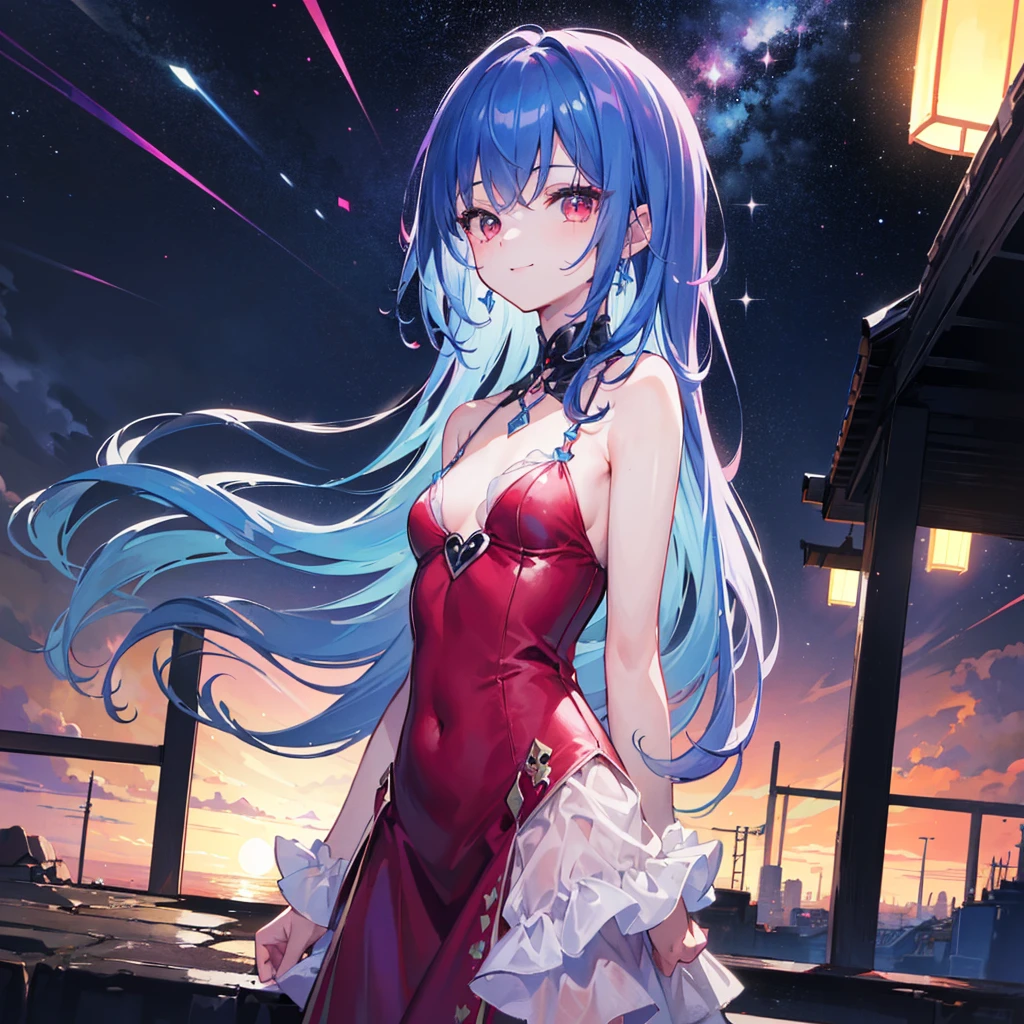 ((((8K)))),((((masterpiece)))),(((1 girl))), colorful blue hair strokes, shiny hair、pink and purple inner color、shortcut、red eyes, cute clothes、(((((Arms at side of body)))))、look back、 smile、lots of details, small breasts, look at the audience, beautiful night view、Lots of meteors