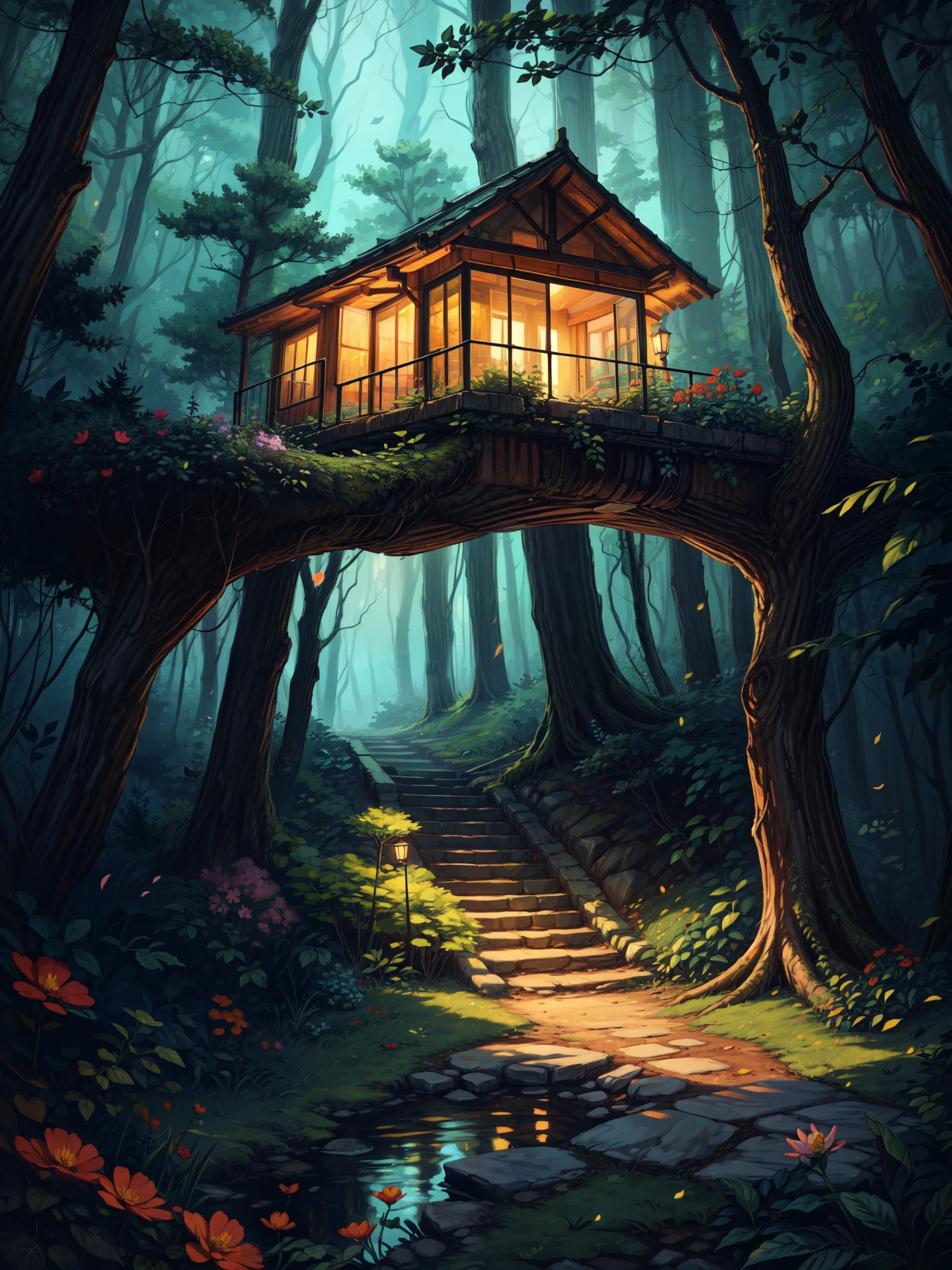 wide view, a beautiful glass villa, covered with colorful flowers, forest, tree roots, stairs, warm light, evening, aesthetics, vibrant tones, scenery, beautiful ambience, 8k, bright volumetric light, peaceful scene, light shining on part of foliage, micro landscape, intrinsic details