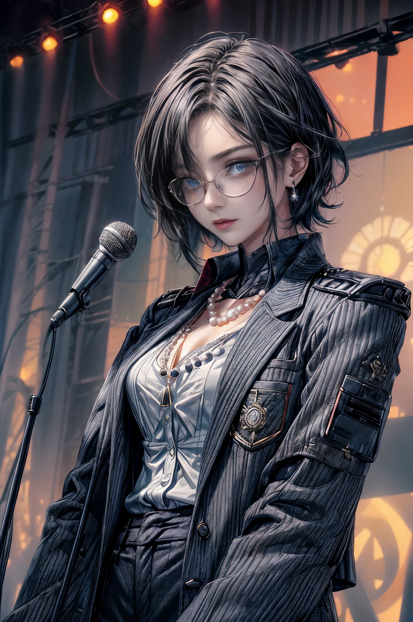 cinematic lighting、highest quality,Bright cyberpunk world、1 female、(25 year old beautiful woman、detailed beautiful facial 、short hair、shoulder length hair、blue eyes:1.4)(Glasses:1.3)(smile)break,medium hair、(Black hair color:1.6)
break
(Perfect dark grey jacket blazer、Dark gray trousers:1.3), (white collar shirt👔:1.3)、(Pearl necklace)break.(black hair color:1.5)
(stylish, modern architectural style、bright ceremony atmosphere、Multipurpose hall、A spacious room with large windows々としたstylishなモダンな会場、daytime:1.2)(speak with a microphone on stage、stand microphone:1.3)break(portrait angle)