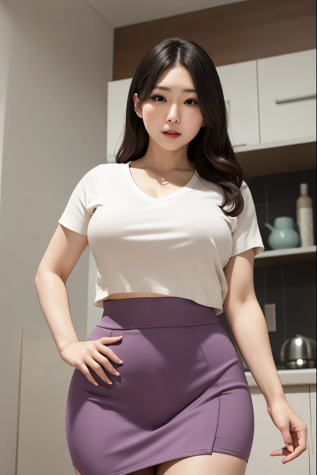 Beautifull, aunty, japanese, tshirt knit vneck, seductive expression, in the kitchen, voluptuous, panties, cameltoe, high waist short skirt, from below