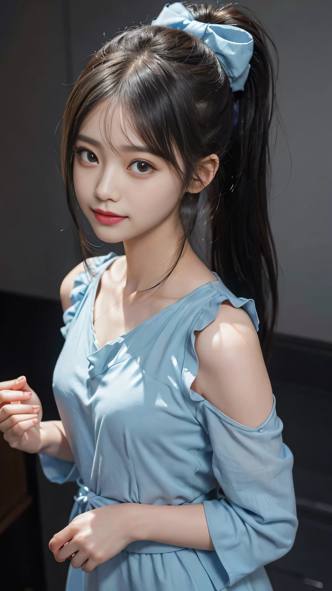close up face,standing on stage,Blue colored long dress with lots of ruffles,One woman,masutepiece, The highest image quality, High quality, the background is clear,Beautiful woman, Japanese, Detailed, Detailed eyes, Detailed skin, Beautiful skin, 超hight resolution, (reality: 1.4),Very beautiful woman, Slightly younger face, Beautiful skin, slender, (Ultra photo realsisim), (hight resolution), (8K), (Very detailed) (beautifully detailed eyes), (super detailed), (Detailed face), view the viewer, Fine details, Detailed face, Staring straight ahead, Staring straight ahead, photos realistic, Bright lighting, Professional Lighting, Black hair,poneyTail,a baby face,fifteen years old,Hairstyle is ponytail,long ponytail hairstyle,slight smile,neat and tidy clothing,Beautiful Japanese KPOP idol photo, hair style is ponytail, my eyes are double and wide, baby face, smile and look straight ahead, slender, small breasts,Blue ribbon on head,