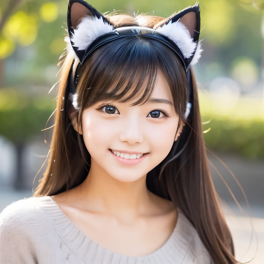 table top, highest quality, shape, Super detailed, finely, High resolution, 8k wallpaper, 完璧なダイナミックな構shape, beautiful and detailed eyes, Gorgeous black fluffy Tokyo spring outfit, (natural cat ears : 1.4), ランダムなcute髪,,natural color lip, random pose,smile、20 year old girl、cute, play in the park、sexy shot looking at camera,Always blur the background,perfect and beautiful face,Take only the face,Beautiful and dense face、slim face and style,Big eyes、small face,wear a tunic sweater