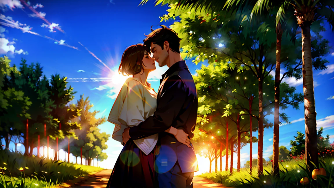 Masterpiece, man hugging a woman behind a huge tree, woman hides her face, man worried, behind a big tree, bright sky, sunshine, warm, cinematic dynamic camera angle, 1 half-bitten apple close to camera, blurred, the apple is out of focus, detailed, high quality, 8k
