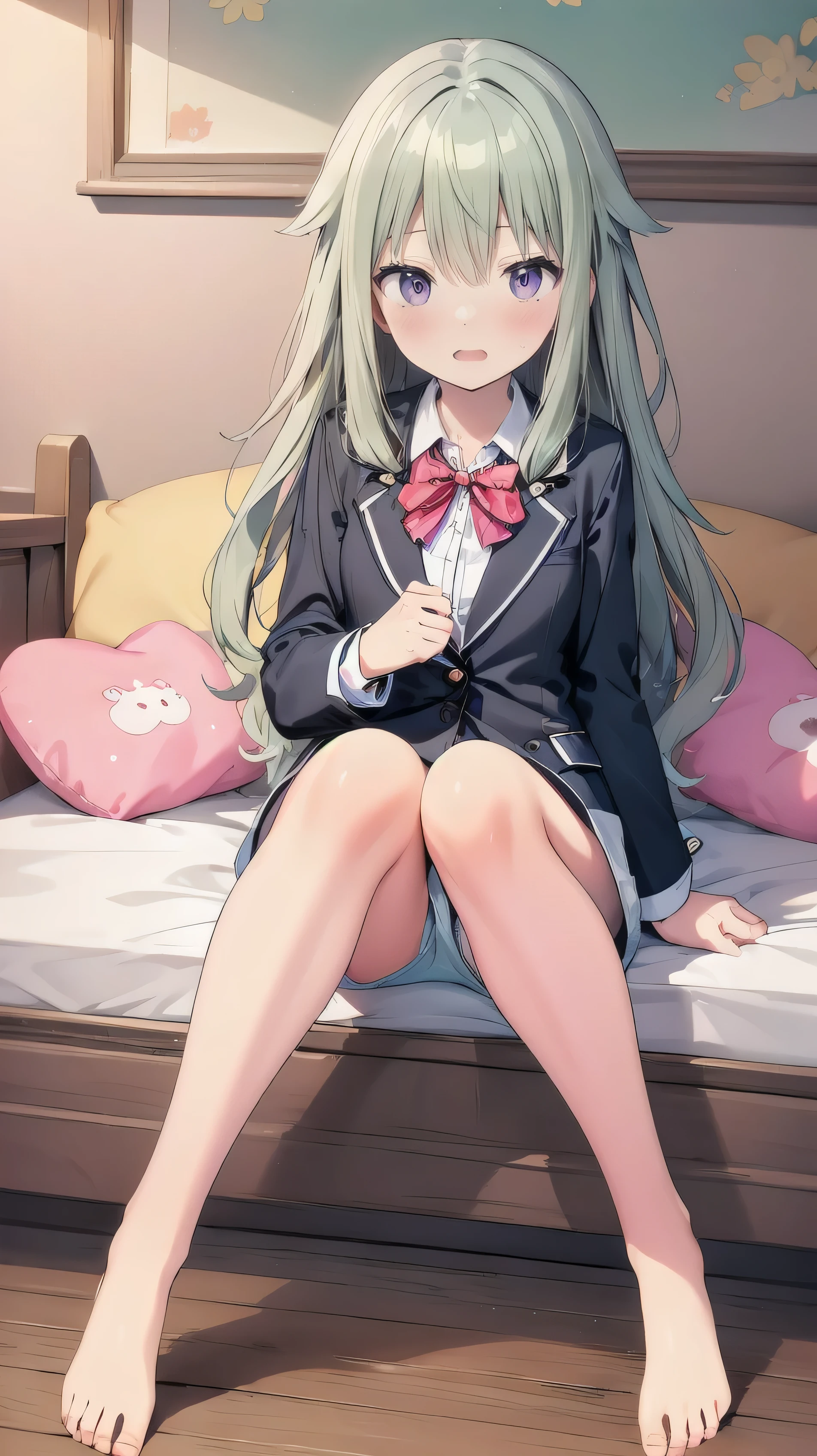 master piece、Highest image quality、highest quality、 glossy hair quality、Super detailed and beautiful bright eyes、Super detailed clear and beautiful face、 (((panic:1.3)))、(((Underwear visible through the gap)))、(cute illustration:1.2), High-resolution, ultra-detailed, best quality, embarrassed, in my room, Gaps in shorts、Sit down、Angle from feet