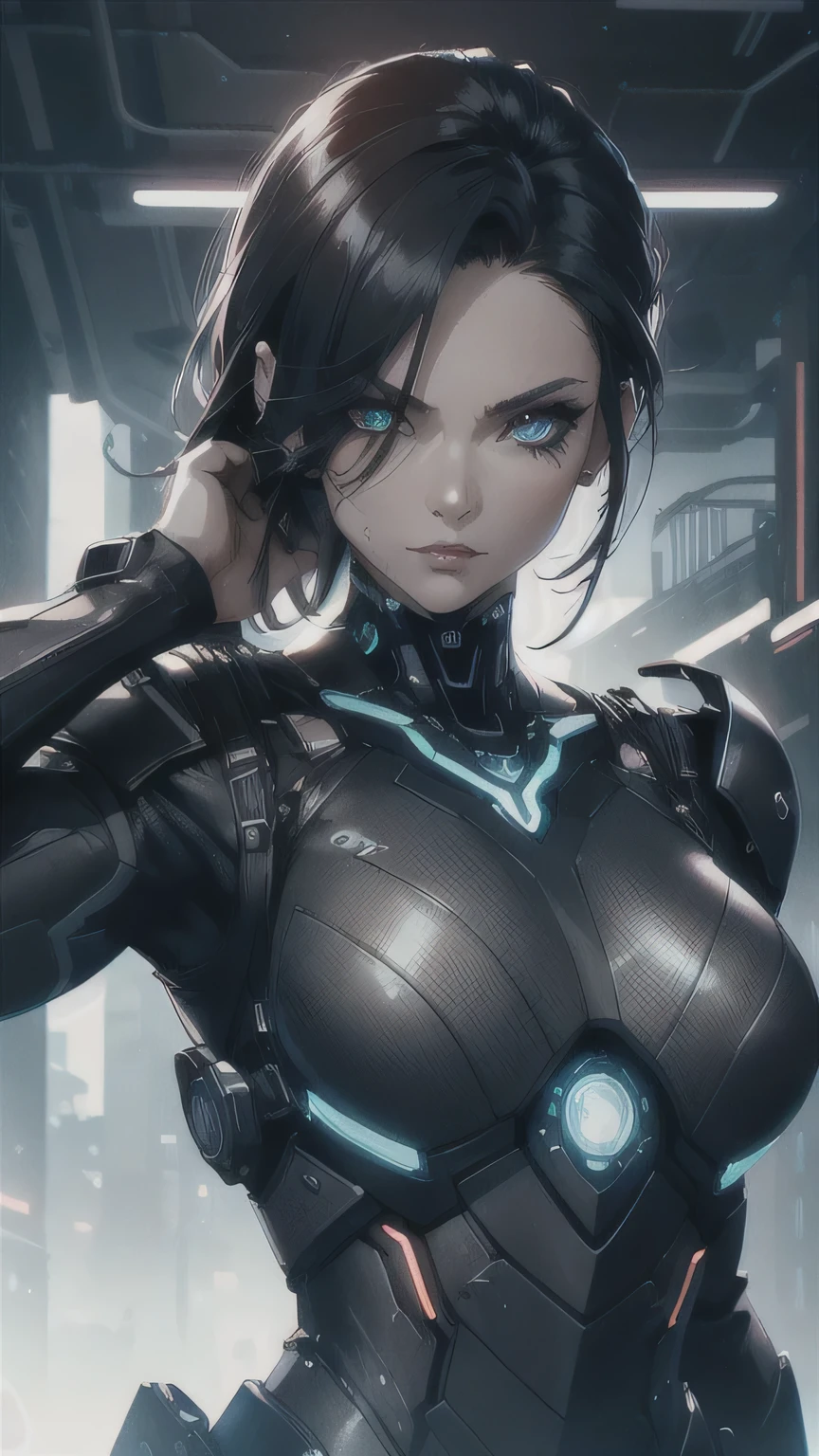 a beautiful woman cyborg warrior in the Style-RustMagic, cyberpunk augmentation, cyberware, cyborg, carbon fiber, chrome, implants, metal skull, Cyber plate armor, (dark atmosphere:1.2), (dark night:1.3), scars, (medium length dark tousled hair:1.1), (eyeshadow:1.1), (Beautifully detailed glow:1.2), (cinematic lighting), complex part, A high resolution, round eyes, detailed facial features, sharp focus, smooth, aesthetic, Detailed dark industrial factory background, stylish pose, dynamic pose, (dramatic), (opt-6000:0.9)