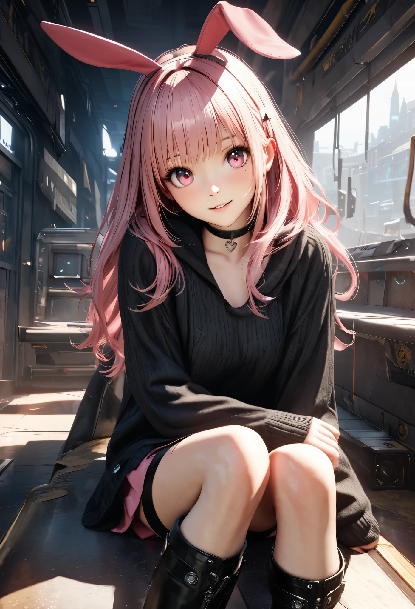 top quality, highest quality, super detailed, hi-res, high resolution, HDR, 4k, 8K, unity 8K wallpaper, detailed CG, masterpiece, realistic, photorealistic, 2D, 3D, beautiful detail, depth, fine Texture , Ultra-fine: 1.3, Fully concentrated, Crispy skin, He,
Very cute anime girl with medium long hair in a pink ,black jumper,miniskirt,knee high boots, like a doll, smile,solo girl,her name is Rikousa, alone, pink hair, animal ears, mole under the eyes, looking at viewer, blushing, mole, bunny ears, parted lips, hairpiece, heart, pink eyes, choker