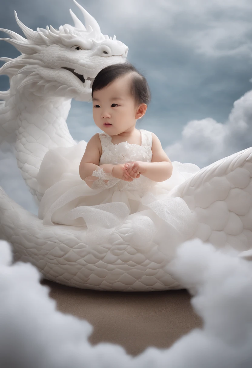 A -yead Chie baby girl,ly, face round,Slept on a white dragon bed, a photorealistic painting by Ju Lian, shutterstock contest winner, Fantasy art, a dragon made of clouds, Chinese fantasy, lie on white clouds fairyland，Camera shot, Film style, Intricate and refined details, high qulity，jpn-girl