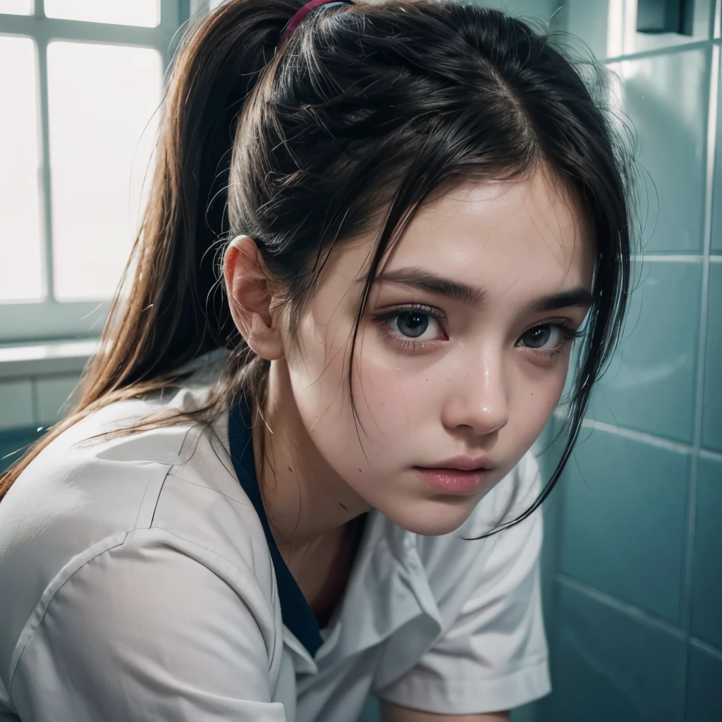 (best quality, highres, ultra-detailed, realistic:1.37), girl, bathroom, , wet uniform, thick thighs, high ponytail, eye contact, embarrassed, illustrative, vibrant colors, soft lighting