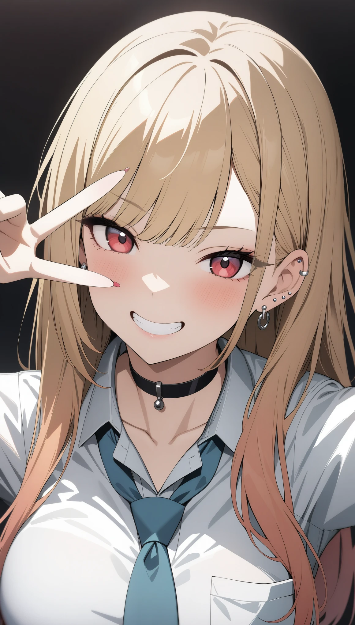 (masterpiece, best quality, very aesthetic, ultra detailed), intricate details,
1girl, kitagawa marin, sono bisque doll wa koi wo suru, blonde hair, red eyes, ear piercing, barbell piercing, black choker, collared shirt, white shirt, earrings, blue necktie, grin, arm up, v, looking at viewer, upper body,