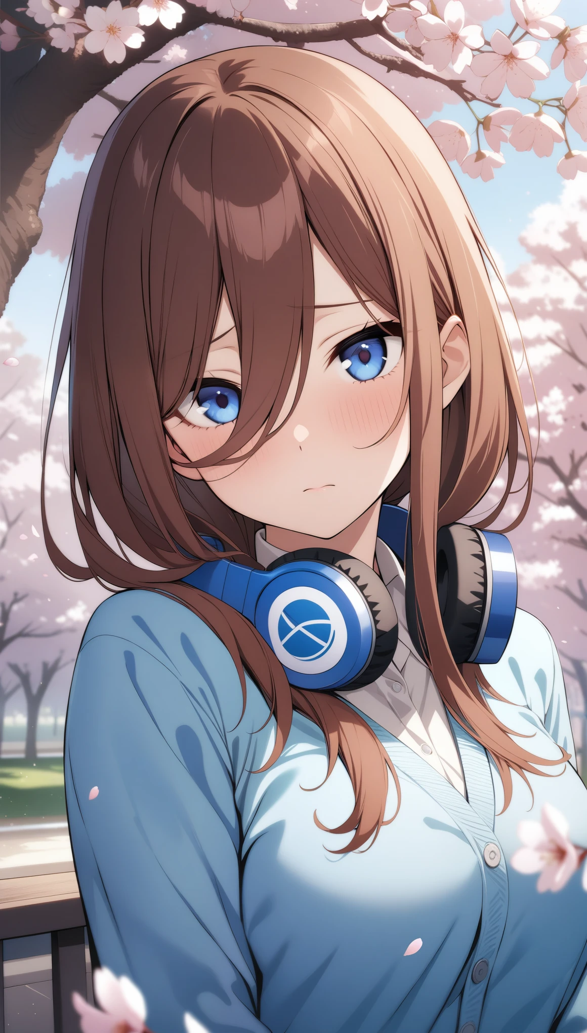 (masterpiece, best quality, very aesthetic, ultra detailed), intricate details,
1girl, nakano miku, go-toubun no hanayome, blue eyes, brown hair, blue cardigan, collared shirt, long sleeves, headphones around neck, long hair, shy, looking at viewer, upper body, outdoors, cherry blossoms,