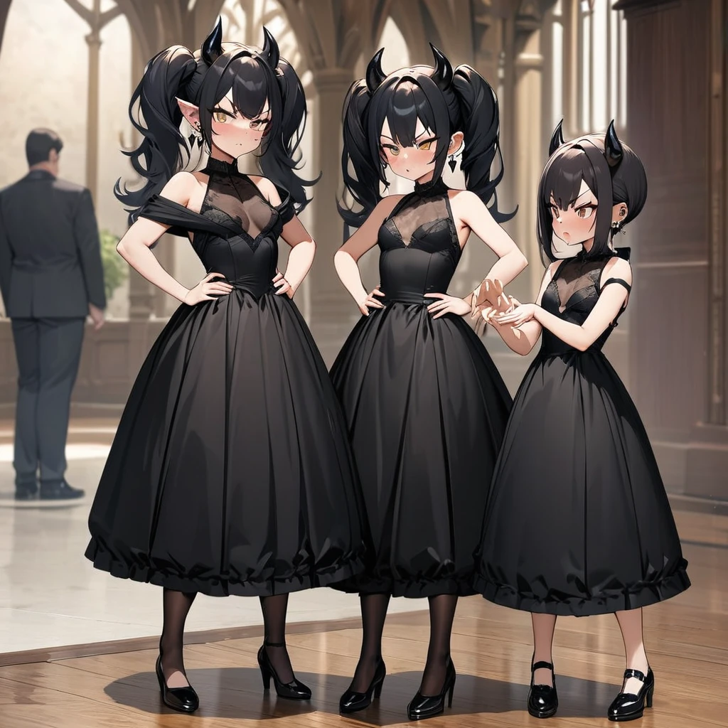 Masterpiece, Improved quality, High quality, Good anatomy, Well-formed hands, Healthy body, Intact fingers, Normal digits, Girls, 16k quality, perfect body, twintail hair, black hair, shoulder length hair, off shoulder black dress, stockings, shoes, demon girl, horns, demon ear, earring, elegant, small breasts, both hands on hips, angry face but jealous and annoyed, beautiful, full body on images, in the main hall castle, sleeveless dress