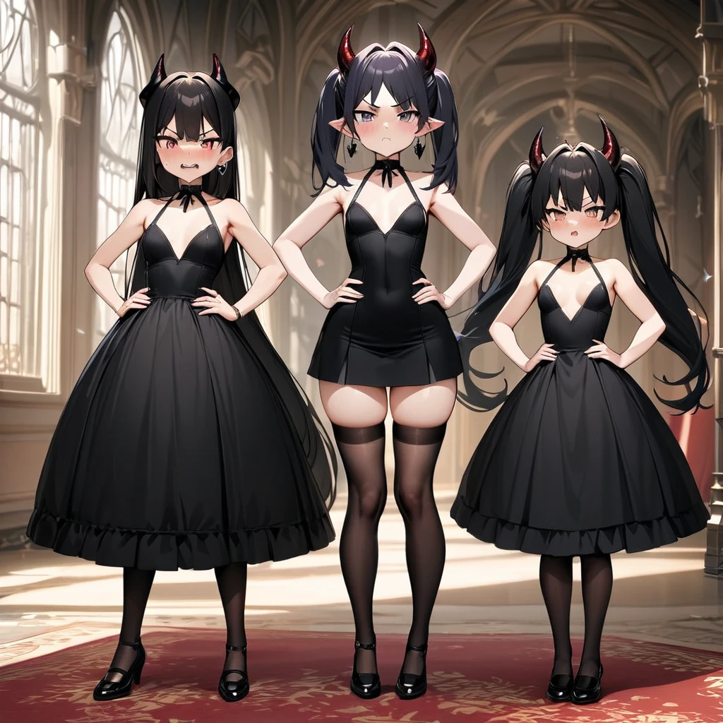 Masterpiece, Improved quality, High quality, Good anatomy, Well-formed hands, Healthy body, Intact fingers, Normal digits, Girls, 16k quality, perfect body, twintail hair, black hair, shoulder length hair, off shoulder black dress, stockings, shoes, demon girl, horns, demon ear, earring, elegant, small breasts, both hands on hips, angry face but jealous and annoyed, beautiful, full body on images, in the main hall castle, sleeveless dress