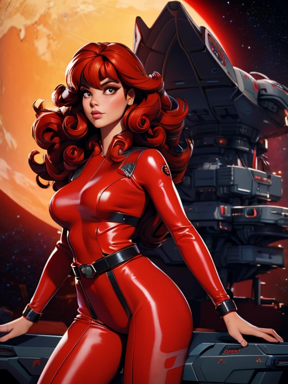 Beautiful nude woman with massive breasts. The breasts are not covered by anything. Red full lips and smiling. Massive curly very long mix of neon red hair and neon green hair and neon blue hair. very tight leather shiny stockings from laces. Girl is in the middle of nowhere. bright light is everywhere. Around her flying shiny marks like from meteorite strike. Everywhere is total chaos.