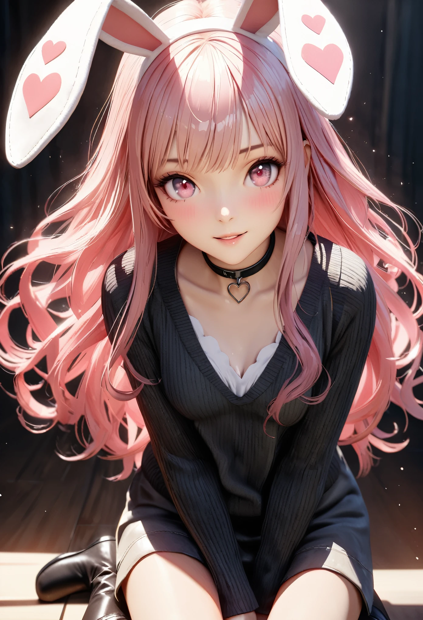 top quality, highest quality, super detailed, hi-res, high resolution, HDR, 4k, 8K, unity 8K wallpaper, detailed CG, masterpiece, realistic, photorealistic, 2D, 3D, beautiful detail, depth, fine Texture , Ultra-fine: 1.3, Fully concentrated, Crispy skin, He,
Very cute anime girl with medium long hair in a pink ,black jumper,miniskirt,knee high boots, like a doll, smile,solo girl,her name is Rikousa, alone, pink hair, animal ears, mole under the eyes, looking at viewer, blushing, mole, bunny ears, parted lips, hairpiece, heart, pink eyes, choker
