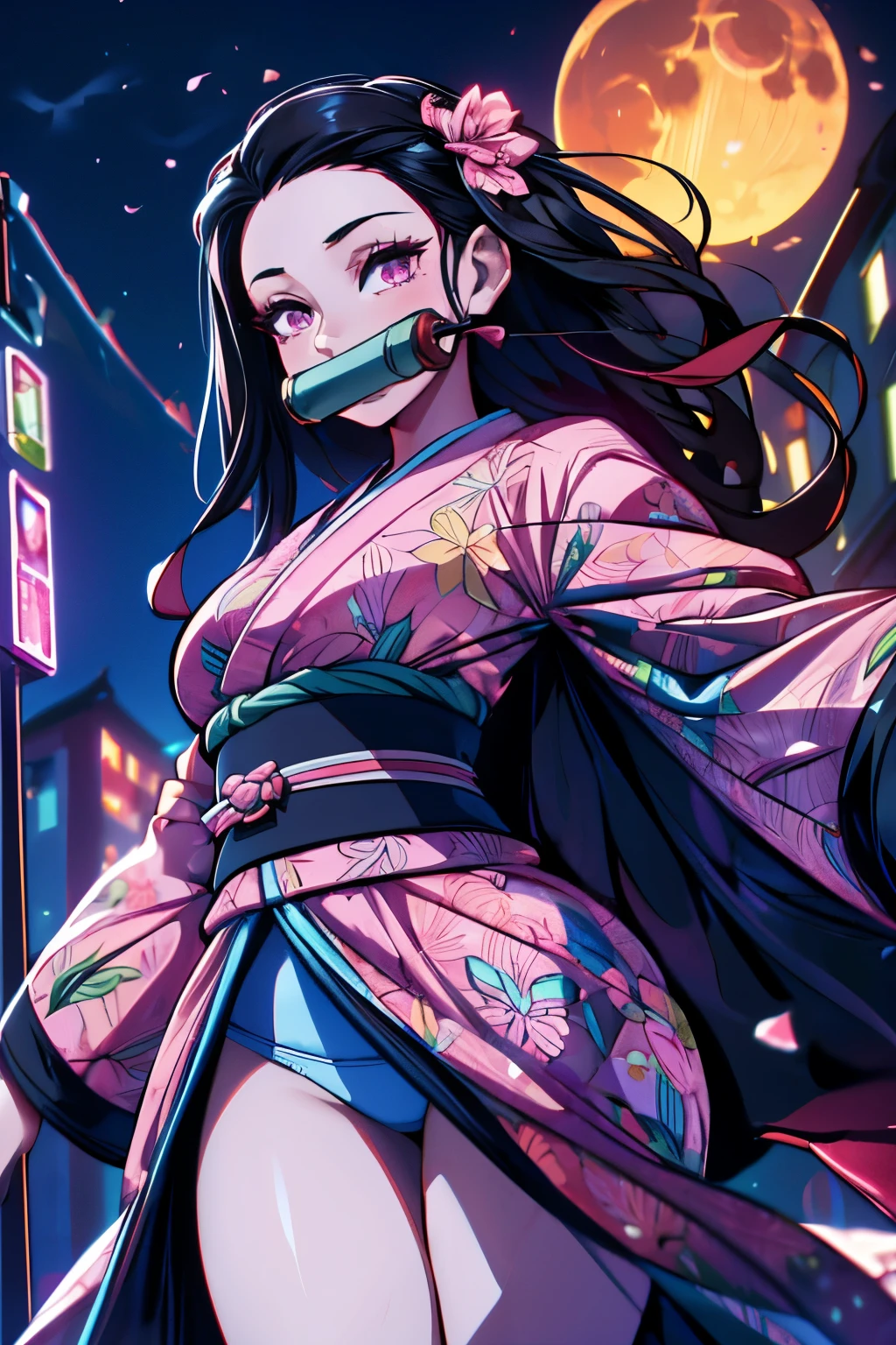 masterpiece, (pink kimono), seductive face, good lighting, low-cut, fine details, masterpiece, 1girl, black hair, gag, Nezuko Kamado, old twon,night time,moon,masterpiece, best quality, POV, wide hips,