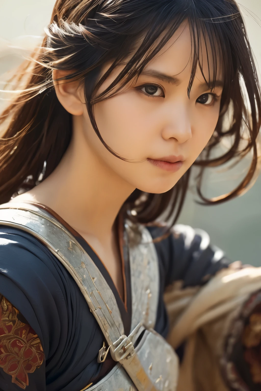 Close-up of a painting of a female swordsman with a sword,OCTOPATH TRAVELER、 shortcut、Redware、realistic、best image quality、Challenge a strong enemy、Detailed and dynamic style