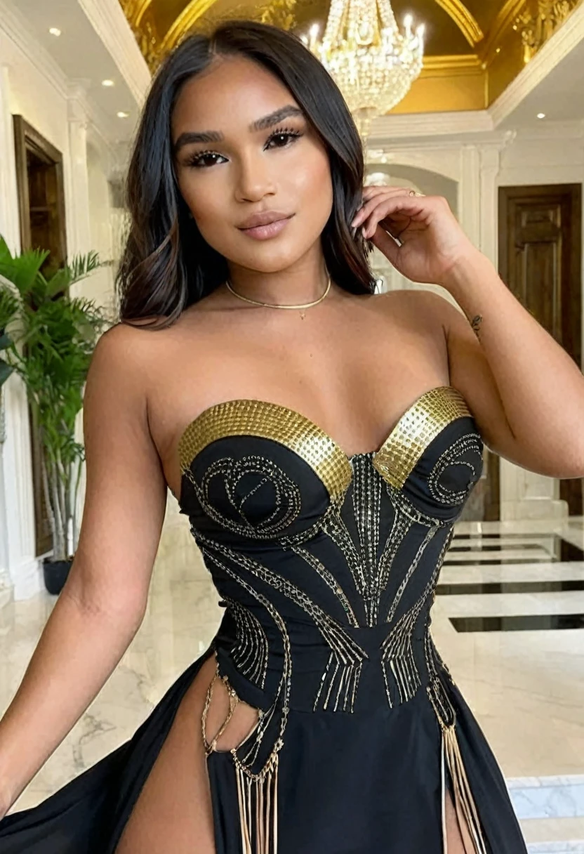 (high quality:1.5), (((8k))), extremely detailed, (High detail:1.2), Solo, (HotLexi Woman)), 24 year old Indigenous Brazilian female, ((perfect anatomy)), (in mansion), (black luxury dress strapless with gold details),