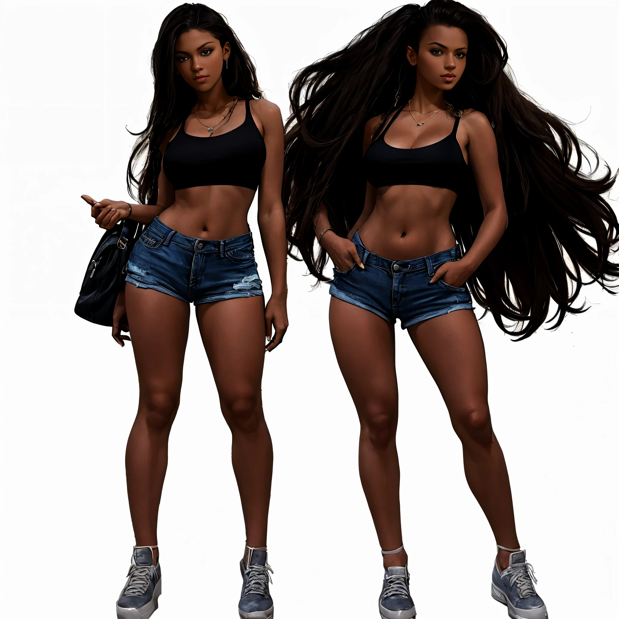 araffe woman in a black top and blue shorts posing for a picture, denim hot-pants, wearing denim short shorts, denim short pants, short jeans, bra and shorts streetwear, distant full body view, sexy girl wearing shorts, young lady, denim shorts, ultra high quality model, jean shorts, full body wide shot, daisy dukes, full height view ((background, white background: 1.3))