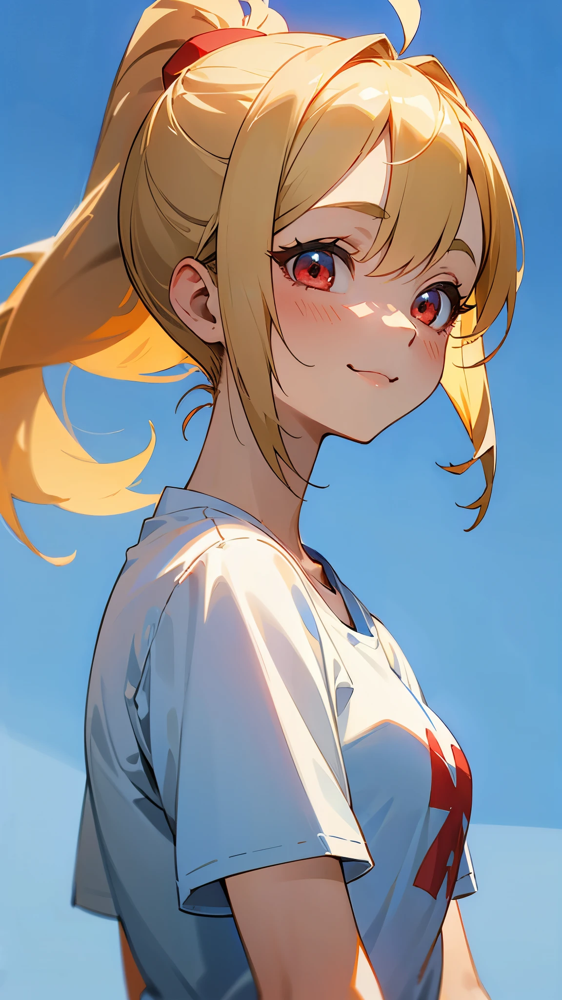 1 girl、Anime-like depiction、blonde ponytail、Ahoge、round red eyes、blue sky、Dark blue background, white t-shirt、smile、From the side、upper body close-up